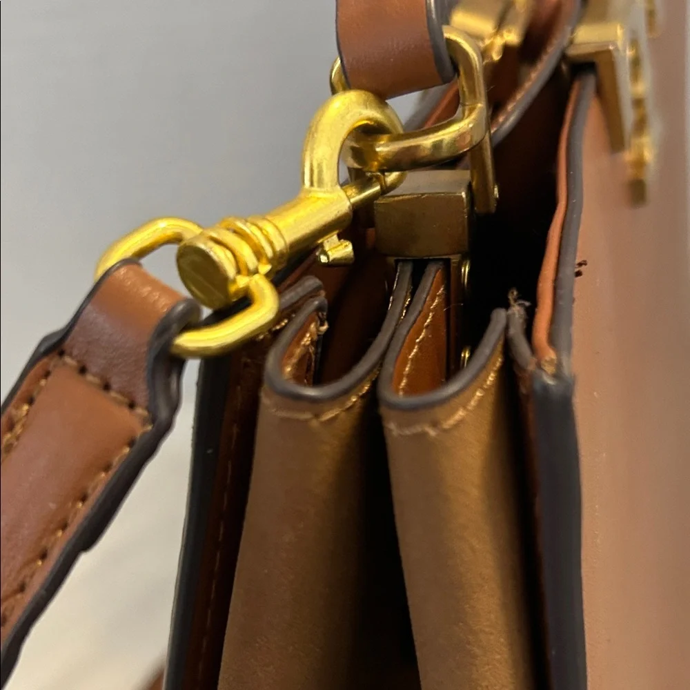 Tory Burch $700 Tan Eleanor Spazoletto Satchel with Gold Logo and Ribbon